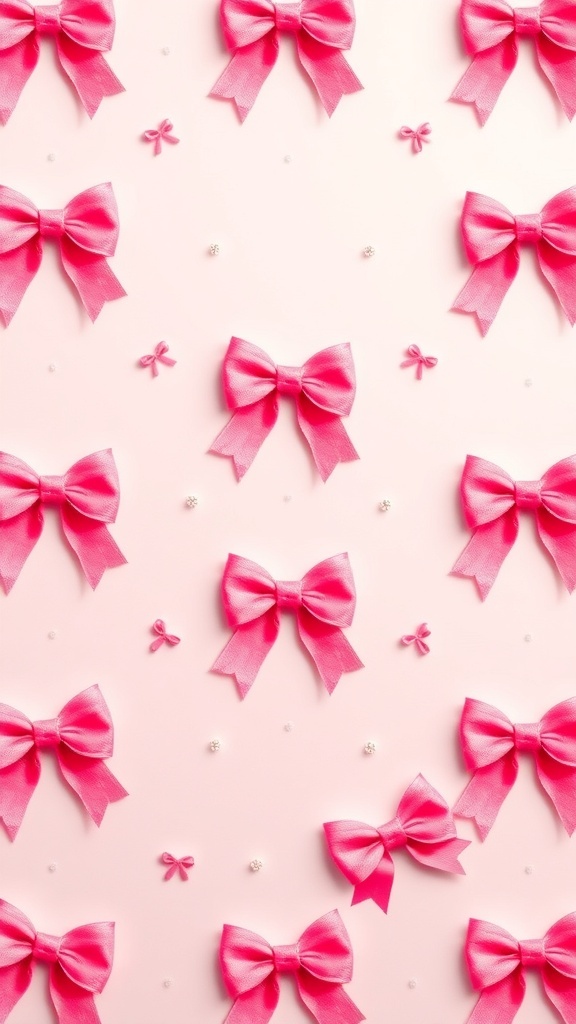 Cute Christmas wallpaper with pink bows on a pastel background.